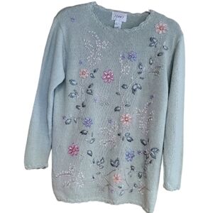 Vintage Jenny Floral Embroidered Sage Green Sweater size Med